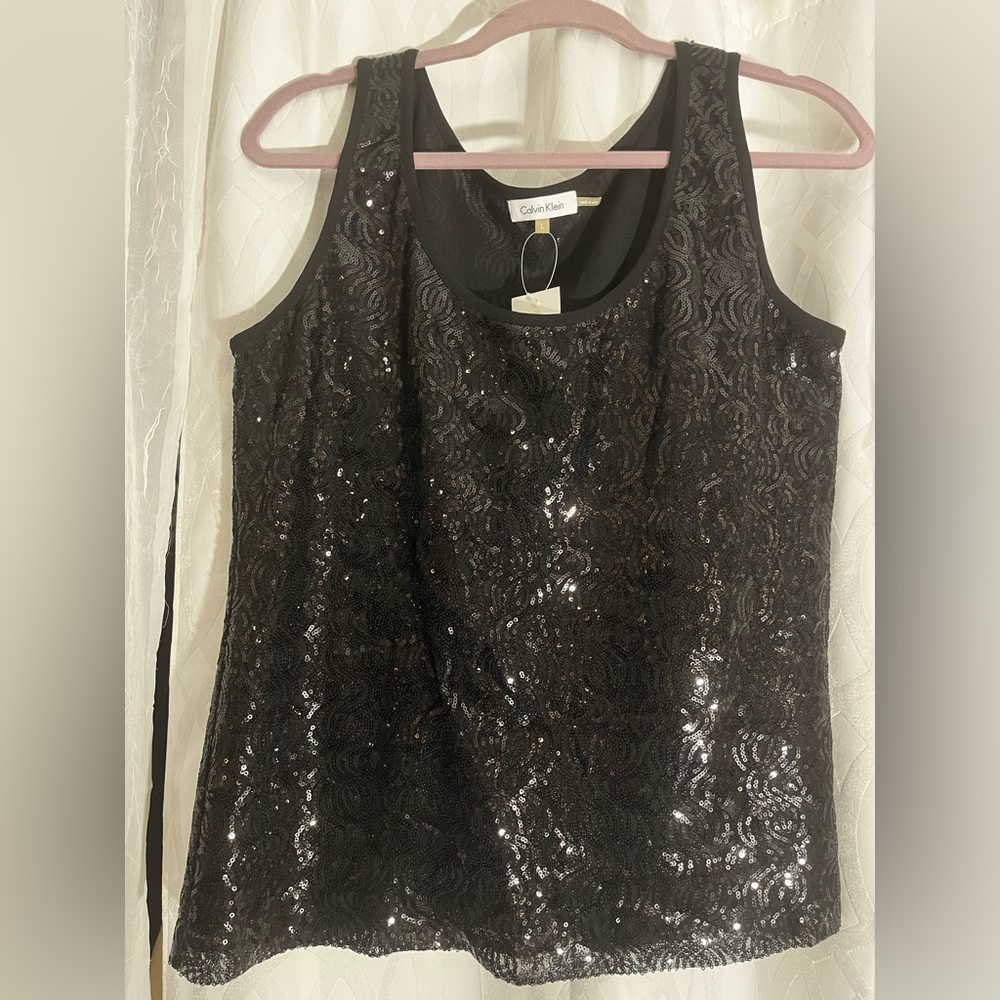 Calvin Klein Womens Top Black Lined Tank Sleeveless Sequin Size Large